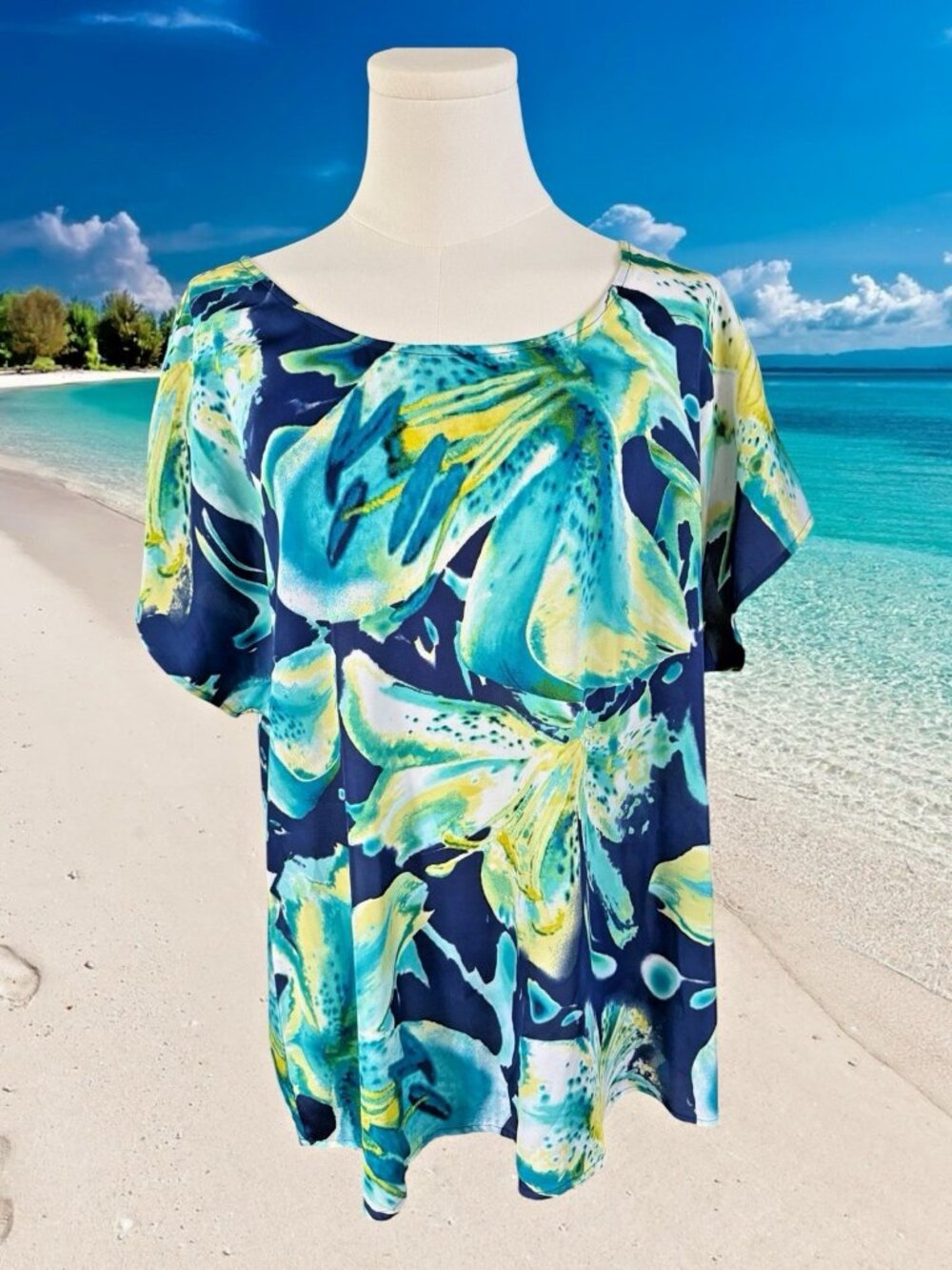 JM Collection Tropical Floral Print Short Sleeve Blouse-Size Large-NWT